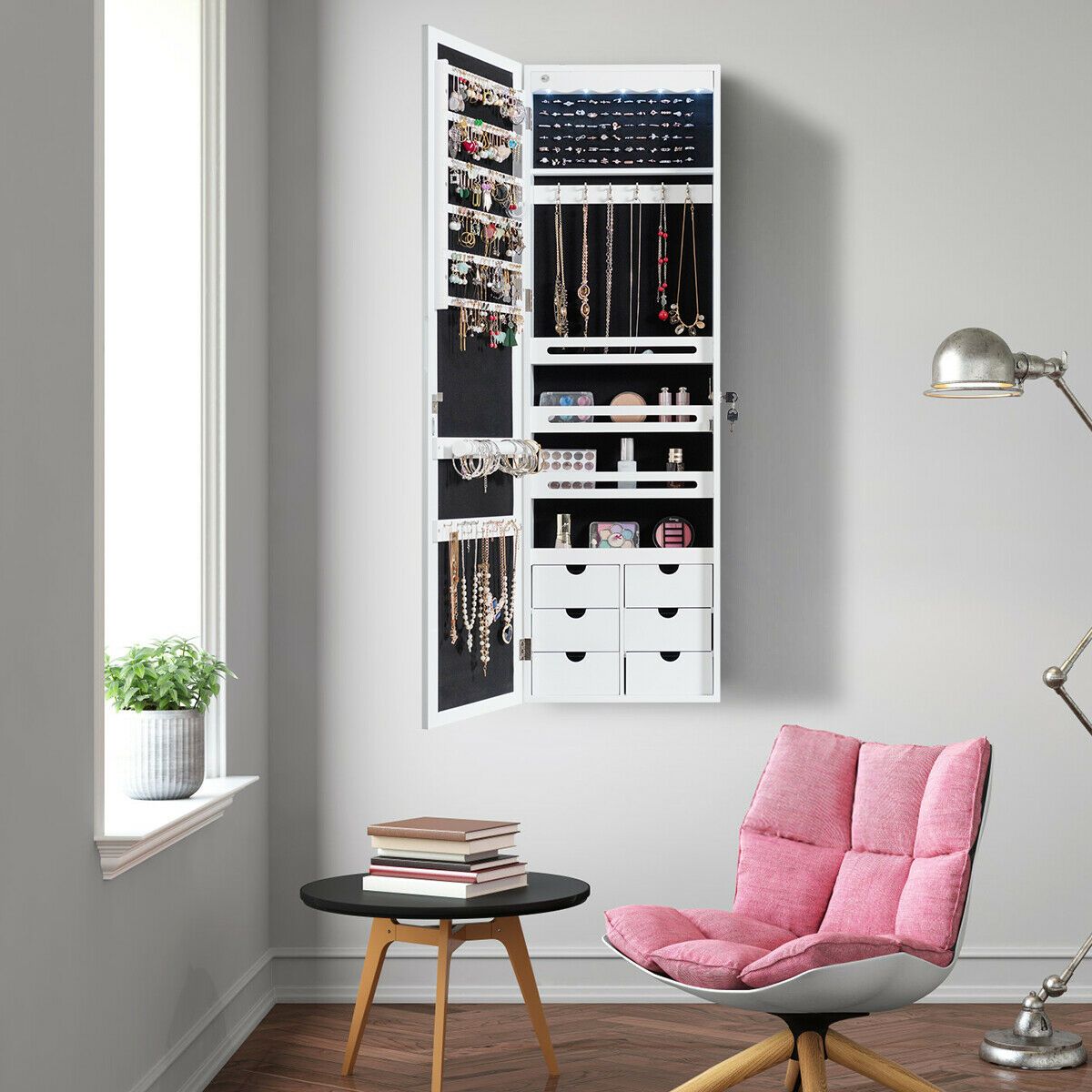 Wall Mounted Jewellery Armoire with Mirror and LED Light